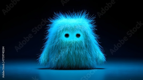 Fluffy glowing creature with big eyes stands on a dark surface.