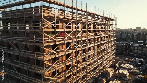 Construction Site with Scaffolding and Urban Background View