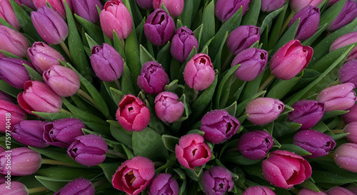 Vibrant bouquet of pink and purple tulips with water droplets, creating a fresh and lively floral display