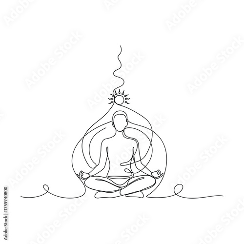 Meditating figure in lotus pose with swirling energy and spiritual aura emanating upwards