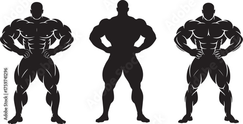 Three muscular silhouettes of bodybuilders posing confidently