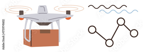 Flying quadcopter carrying package alongside abstract lines symbolizing data and connectivity. Ideal for delivery, automation, technology, logistics, innovation, efficiency, digital progress. Simple