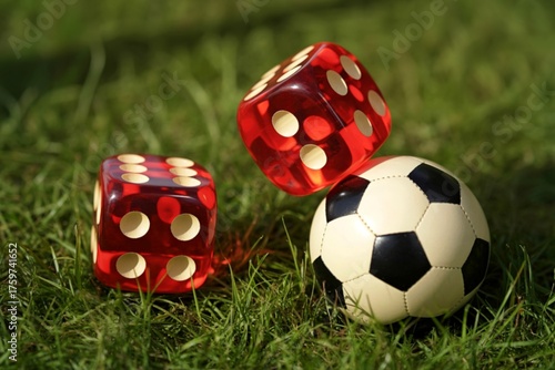 Soccer ball and dice on green grass close up