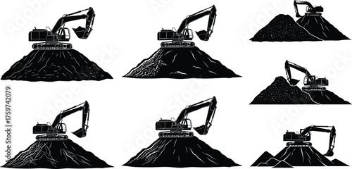 Excavator silhouette illustration, heavy machinery construction, earth moving equipment, digging and scooping action, industrial engineering, mining, land development, building site work