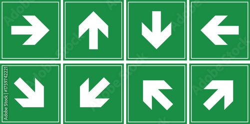 green arrow sign. Green emergency exit direction sign set