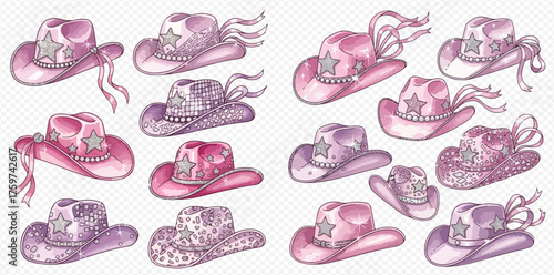 Collection of various pink and purple glittery cowboy hats with stars and ribbons, hand-drawn watercolor style graphic elements.