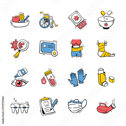 Carefully crafted amazing icons set of medical and healthcare, hand drawn doodle vectors