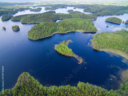 Aerial view of islands on Rautjarvi lake near Pehniemi in southeastern Finland