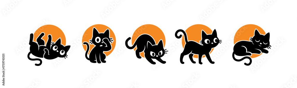 Obraz premium Expressive Cat Silhouette Vector with Orange Circle Background