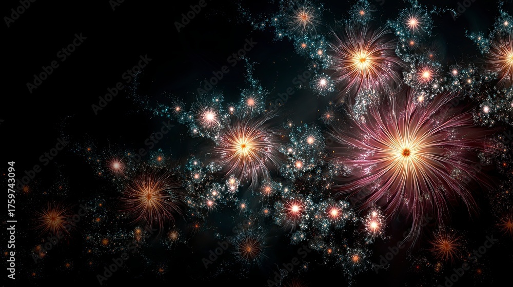 Fototapeta premium Colorful Fireworks Display Bright Sparks Exploding Night Sky Celebration