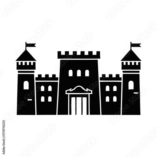 Stylized Black Castle Fortress Building Icon on White Background