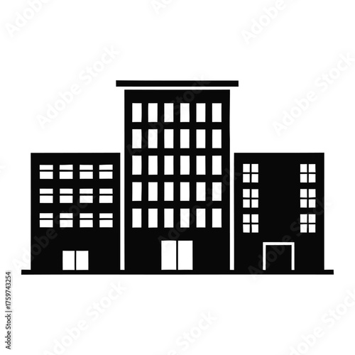 Minimalist City Buildings Silhouette Icon with Rectangular Windows and Doors