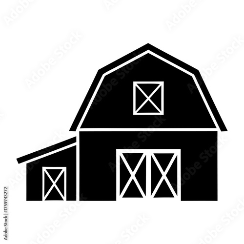Black and White Barn Icon with Gambrel Roof and X-Detail Doors