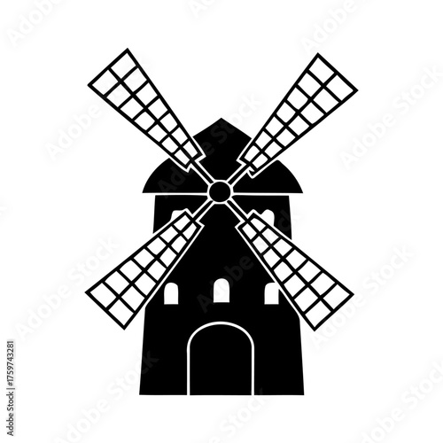 Simple Black Windmill Silhouette Vector Design with Detailed Blades