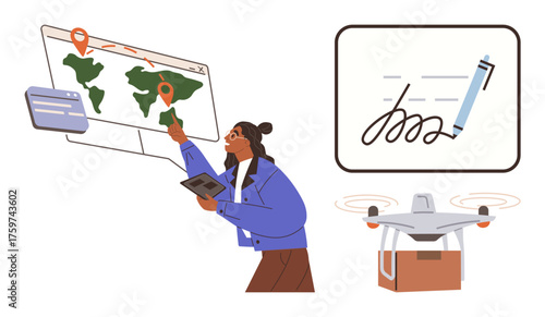 Woman monitoring global shipment on digital map using a tablet, package delivery by quadcopter, and electronic signature pad. Ideal for logistics, technology, efficiency, delivery innovation, global