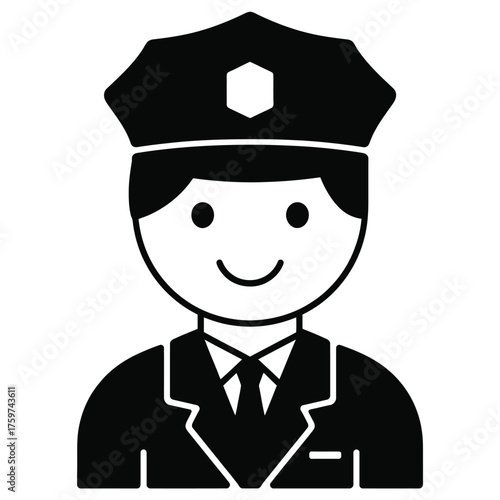 Simple black and white line art illustration of a smiling officer in uniform vector eps scalable icon silhouette vector illustration white background