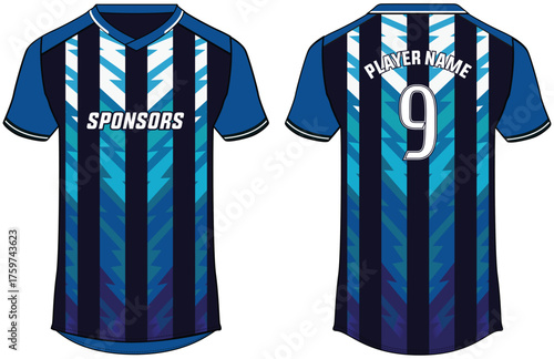 Sport t-shirt jersey design flat sketch illustration, geometric pattern v neck Football jersey concept with front and back view for Soccer, Cricket, Volleyball, Rugby, tennis, badminton uniform kit