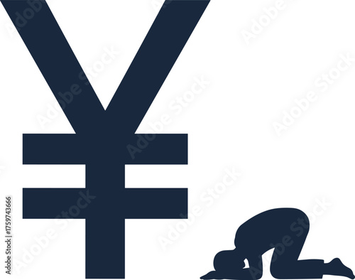 Conceptual vector illustration showing person bowing before yen currency symbol representing money worship, greed, finance control, and economic dependence.