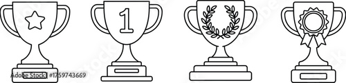 Collection of trophy cup outline vector icons showing different award designs for competition, achievement, success, championship, and winner celebration concept.