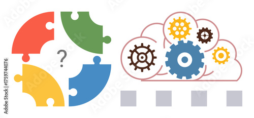 Colorful puzzle pieces forming a circle with a question mark and cloud gears connected in harmony. Ideal for teamwork, innovation, brainstorming, process optimization, networking, problem solving