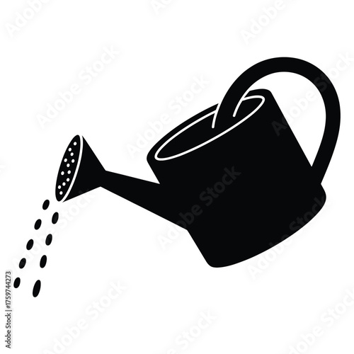 Simple black silhouette watering can pouring water droplets vector illustration scalable eps icon for gardening and agriculture silhouette vector illustration white background