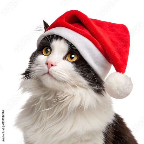 Black cat with red christmas santa hat isolated on white or transparent background