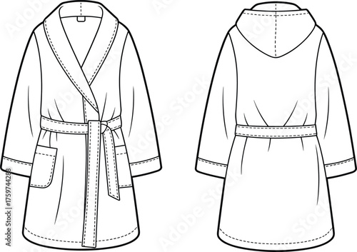 Shawl collar hooded bathrobe flat sketch, technical fashion CAD drawing vector, front and back view, garment design template illustration with pockets