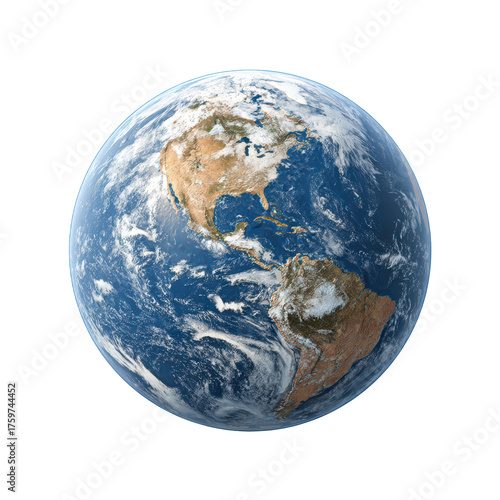 Peaceful, realistic Earth planet and globe from space showing America. blue world with cloud transparency background