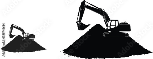 Silhouette construction excavators, heavy machinery on dirt piles, industrial earthmoving equipment, large and small diggers, construction site illustration, vector design