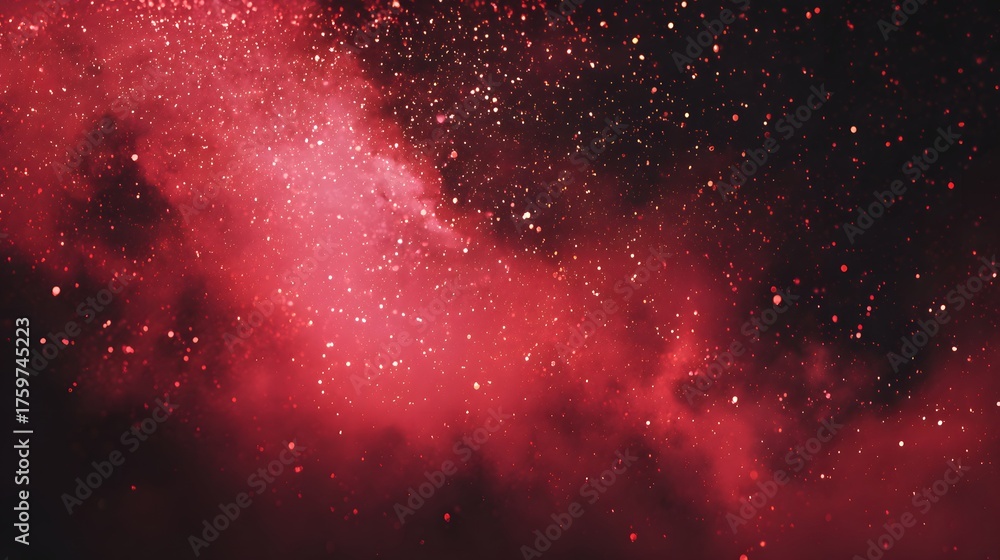 Fototapeta premium Red nebulous cosmic dust with glowing particles illuminates dark space.