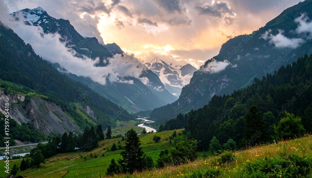 Obraz premium Dramatic sunrise over a stunning mountain valley, with lush green slopes, towering peaks, and a winding river below a cloudy sky