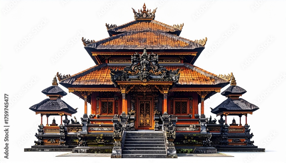 Fototapeta premium Traditional Balinese Temple Architecture – Ornate Cultural Heritage | Balinese temple, traditional architecture, tiered roofs, ornate carvings, cultural heritage, religious site, Indonesian design, te