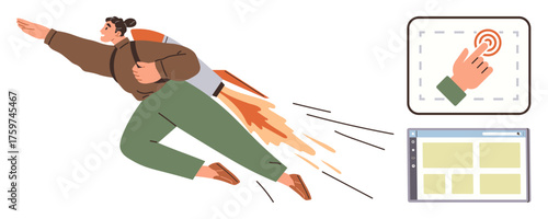 Person flying with a jetpack, flame trail hand pressing touchscreen website layout icon. Ideal for innovation, growth, opportunity, technology, digital tools, ambition, simple flat metaphor