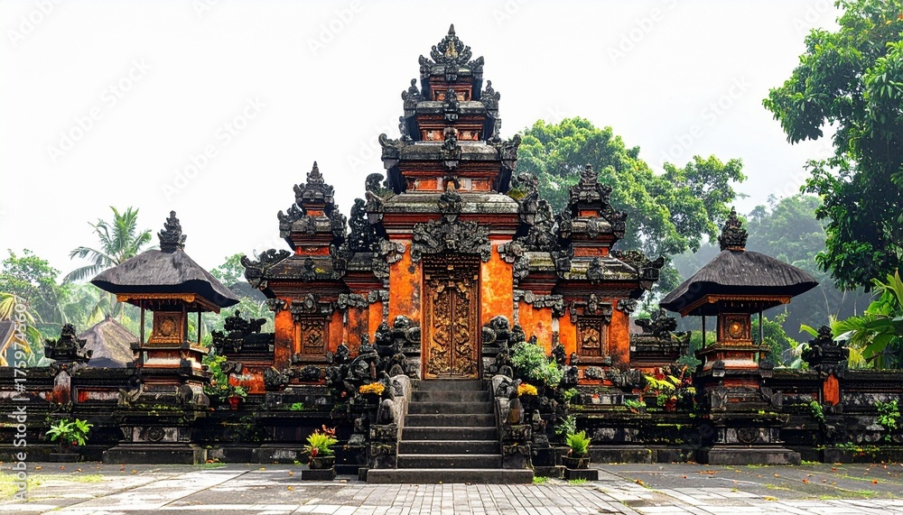 Naklejka premium Traditional Balinese Temple Architecture – Ornate Cultural Heritage | Balinese temple, traditional architecture, tiered roofs, ornate carvings, cultural heritage, religious site, Indonesian design, te