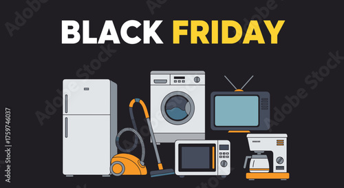 Black Friday sale concept Illustrated household appliances and electronics on discount