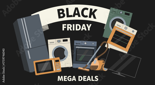 Black Friday Mega Deals for home appliances and electronics Sale banner vector