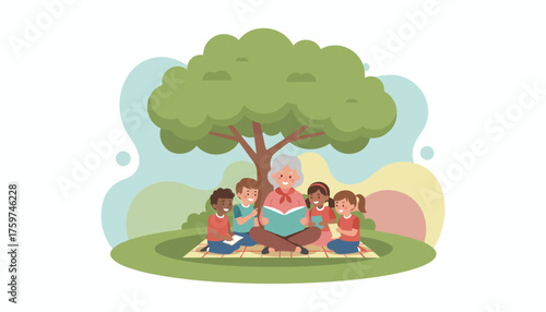 Grandmother reading a book to diverse children under a tree fostering learning and joy