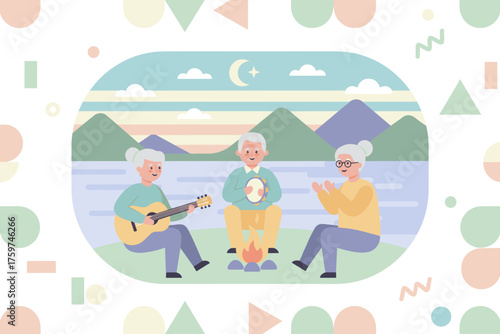 Happy seniors enjoy music around a campfire by a lake symbolizing active retirement  friendship