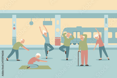 Active seniors exercising together at a train station promoting healthy lifestyle and wellbeing