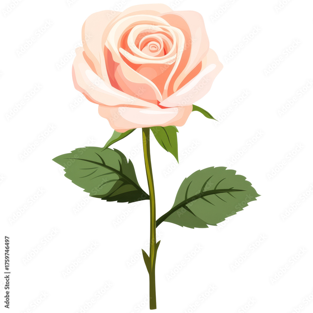 Fototapeta premium Pastel rose flower with green leaves, delicate stem, soft pink petals, romantic mood, isolated on transparency background