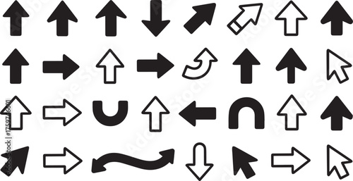 Assorted Black Directional Arrows on White Background Up, Down, Left, Right, and Mouse Pointer Icons