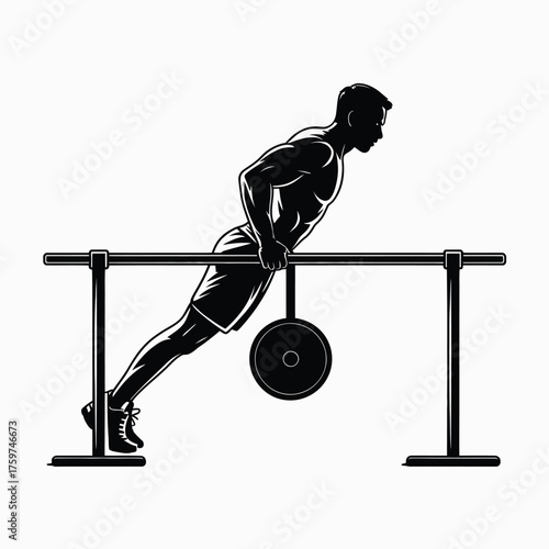 Silhouette vector illustration of athletic man performing dips on parallel bars scalable eps graphic silhouette vector illustration white background