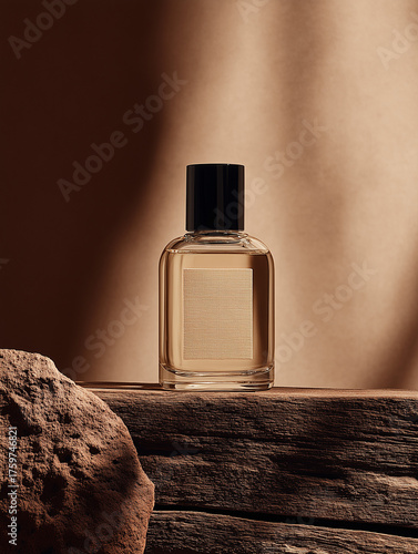 Luxury Amber Perfume Bottle on Rustic Wood Still Life Label Mockup