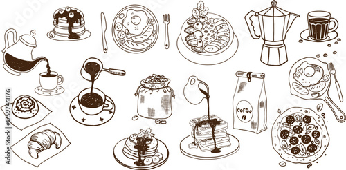 hand drawn breakfast doodle illustration set