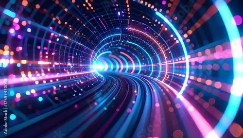 a glowing digital tunnel with data streams and neon lights. The tunnel appears to stretch into the distance