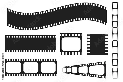 Set Old cinematic frame, video film strip. Retro vintage tape empty template with slide. Tape border, grunge textured silhouette. Video photo reel on background 