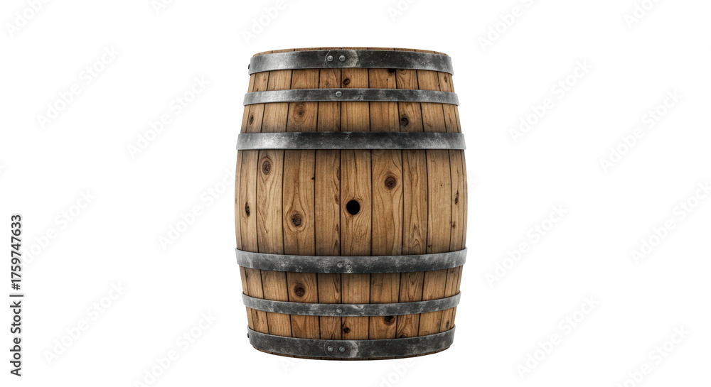 Fototapeta premium Old wooden barrel with metal bands front view rustic storage container isolated isolated on transparent background