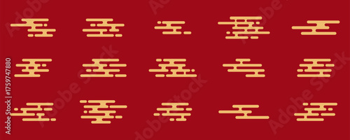 Asian gold cloud set Chinese and Japanese style. Traditional oriental. Tribal pattern. China ornament on red background for design prints. 