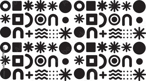 Black and White Seamless Pattern with Abstract Geometric Shapes Circles, Squares, Stars, Waves, and Lines