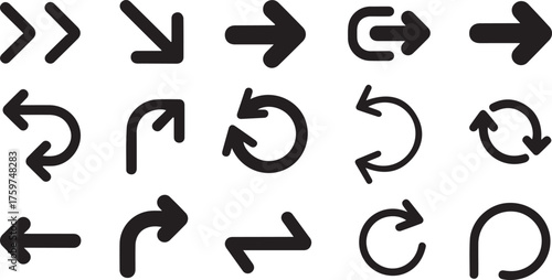 Black Arrow Icon Set Different Directions, Circular Arrows, and Forward Motion on White Background